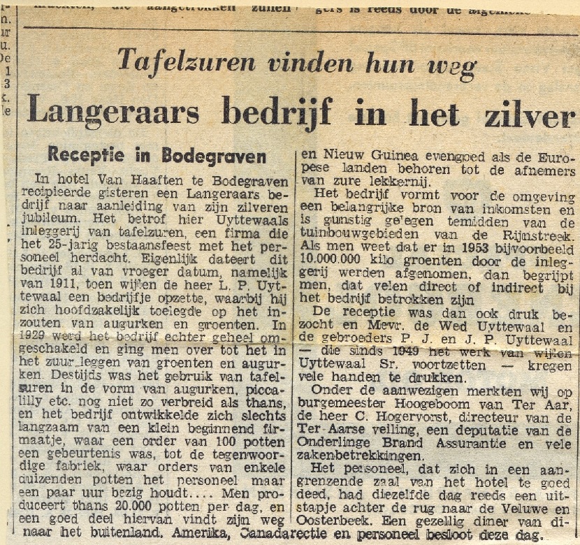 L.P. Uijttewaal N.V.: krantenartikel over het 25-jarig bestaansfeest.