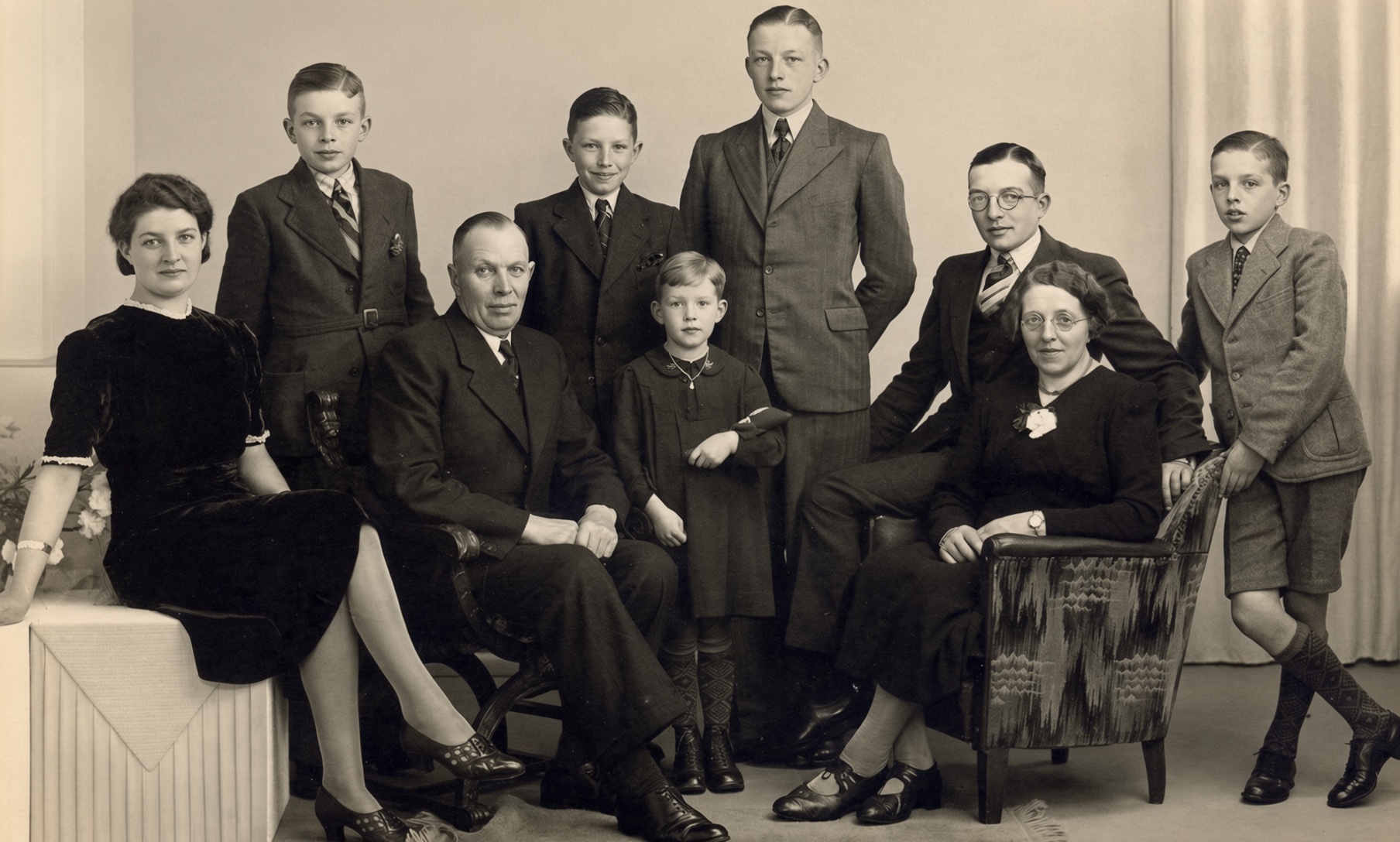 Familiefoto van L.P. Uijttewaal. Van links naar rechts en van boven naar beneden: Jaap, Leo, Jan, Nel, vader Leendert, Tonnie, Piet, moeder Jans en Wim.