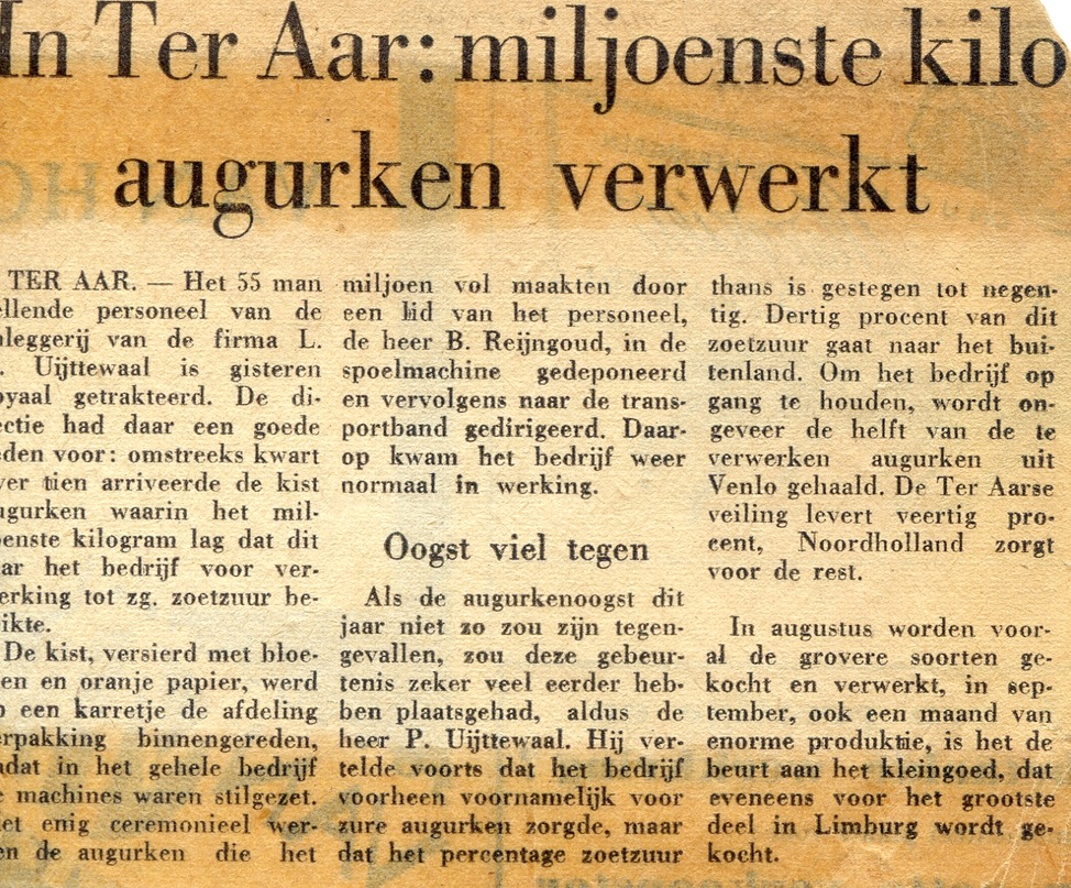 L.P. Uijttewaal: de miljoenste kilo augurken is verwerkt.