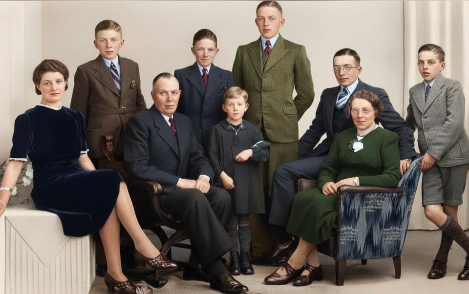 Ingekleurde familiefoto van L.P. Uijttewaal. Van links naar rechts en van boven naar beneden: Jaap, Leo, Jan, Nel, vader Leendert, Tonnie, Piet, moeder Jans en Wim.