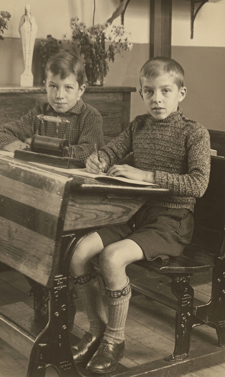 Leo en Wim Uijttewaal in de klas in Langeraar, circa 1937 (geschat).