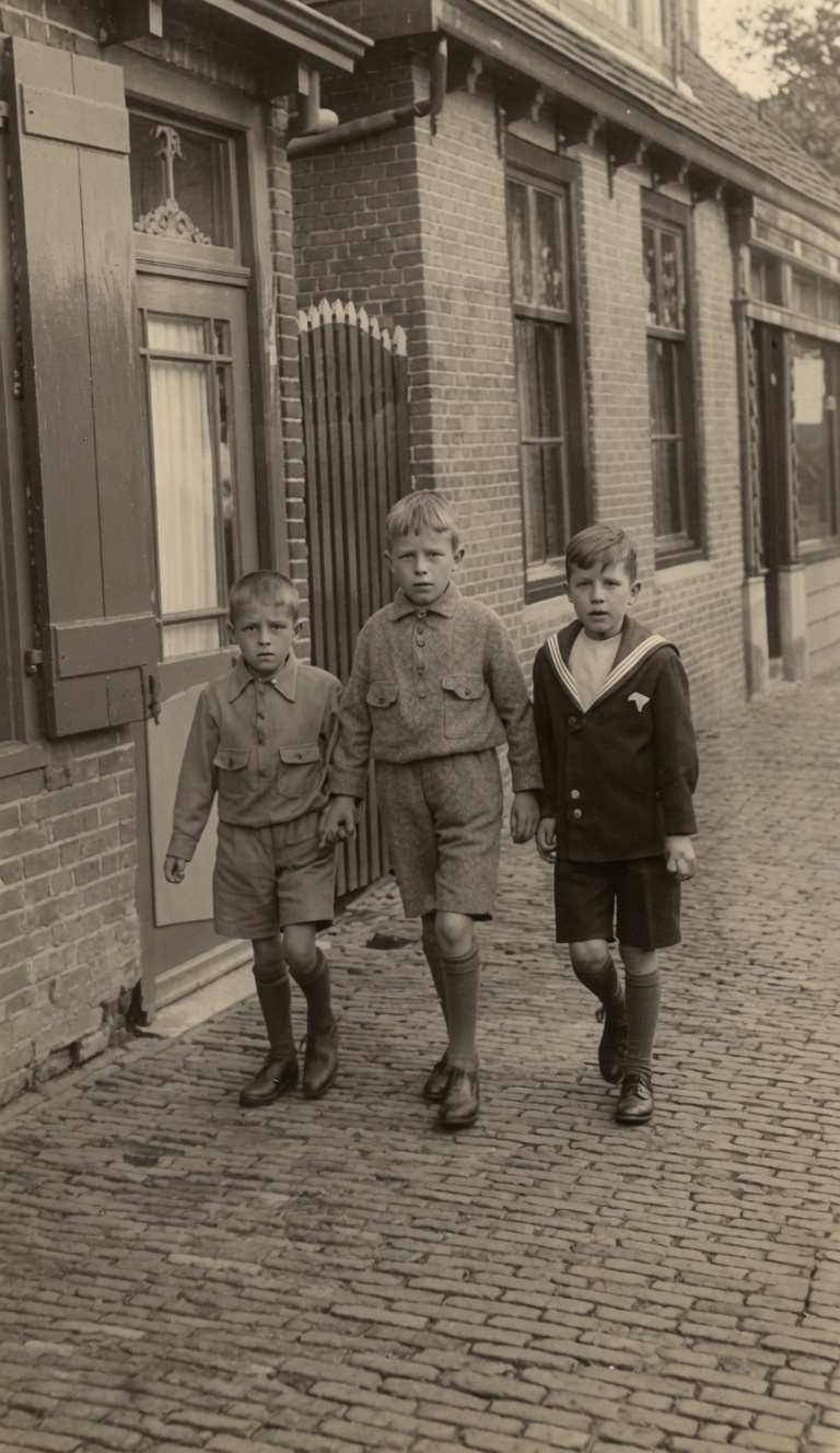 Wim, Jan en Leo Uijttewaal in de Dorpsstraat in Nieuwveen, 1934.