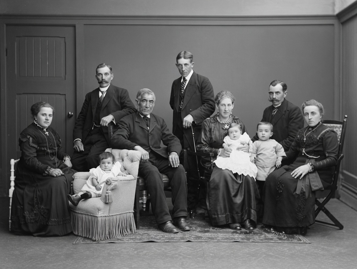 Zeldzaam familieportret van drie generaties Uijttewaal, circa 1919 of 1920. Van links naar rechts: Tonia Uijttewaal-Droogh, Arnold Uijttewaal (tweelingbroer van Leendert), baby Ne…