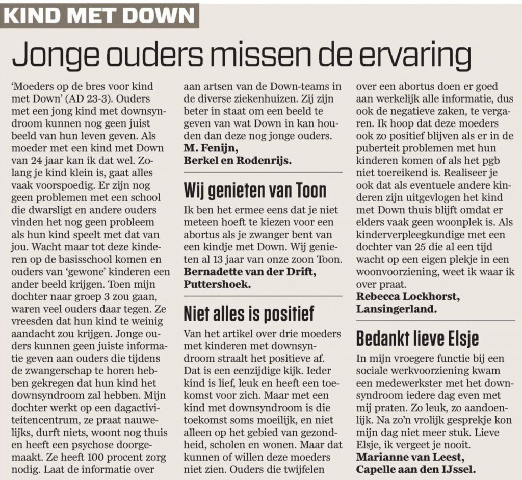 De lezerscommentaren in de krant over Zo is Downsyndroom