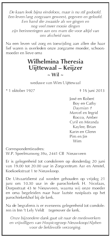Rouwadvertentie W.T. Uijttewaal-Keijzer