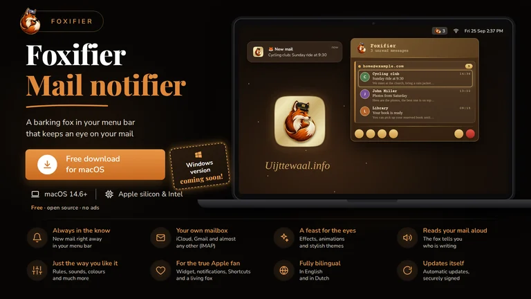 Foxifier: free mail notifier for the Mac with a fox in the menu bar, notifications and a panel with new mail